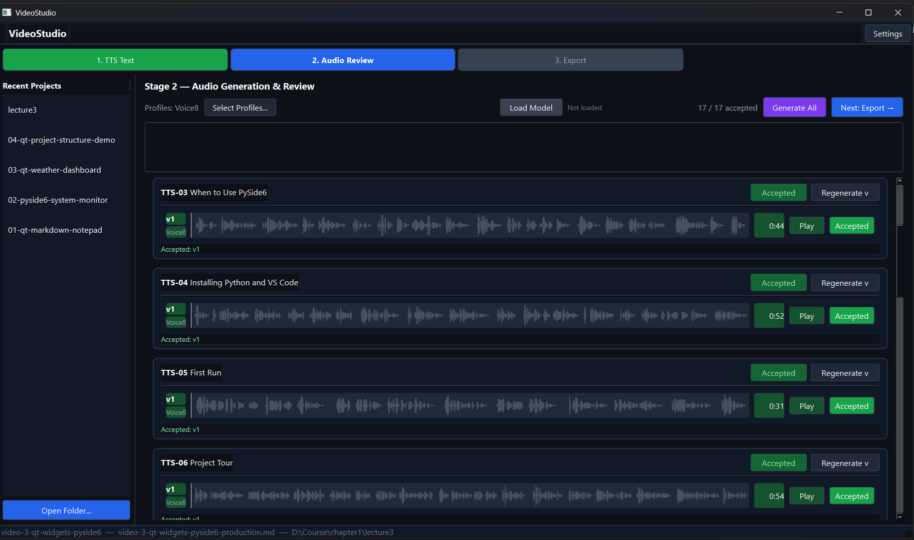 VideoStudio Stage 2: Audio generation and review screen showing accepted audio sections with waveforms