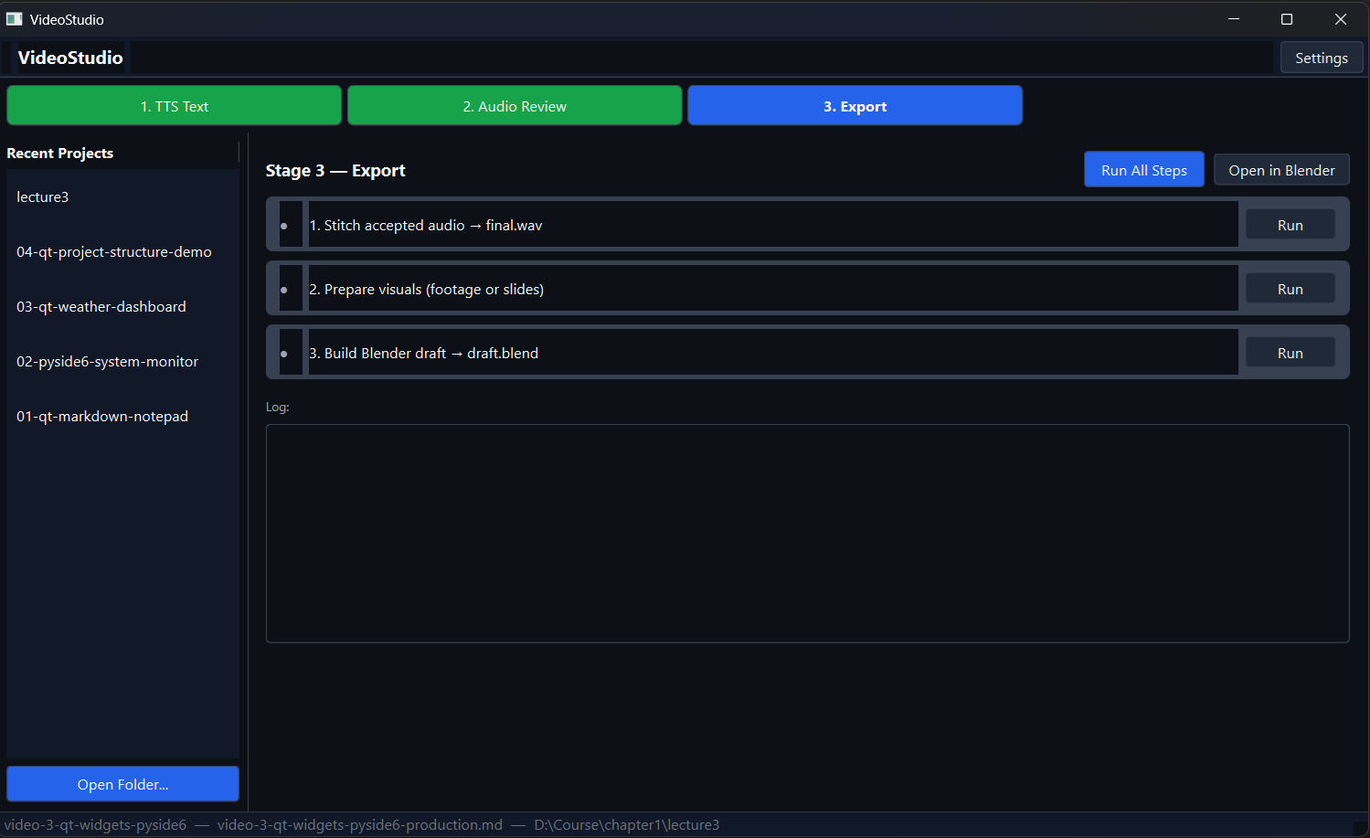 VideoStudio Stage 3: Export screen showing the three export steps: stitch audio, prepare visuals, build Blender draft