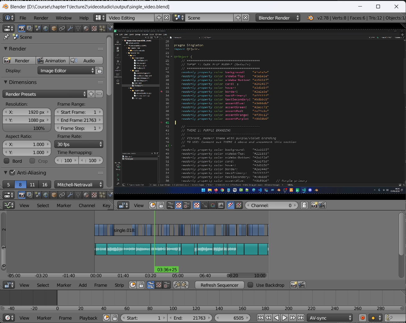 Blender open with draft.blend, showing the Video Sequence Editor with audio and video strips laid out and ready to edit