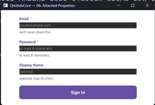 Sign-in form with live per-field validation via attached properties