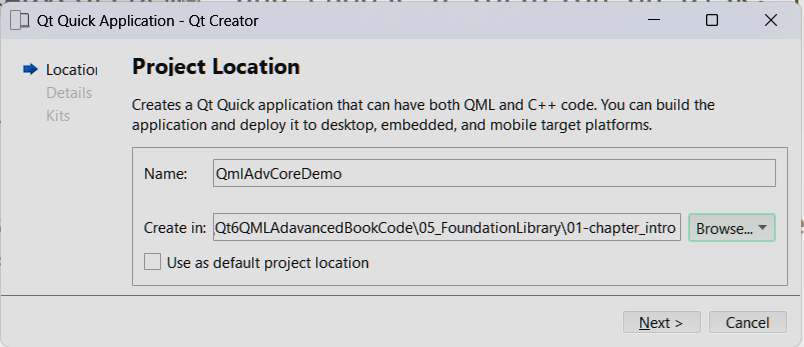 Qt Creator New Project dialog for QmlAdvCore