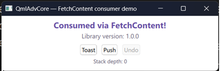 Consumer app pulling QmlAdvCore straight from GitHub via FetchContent