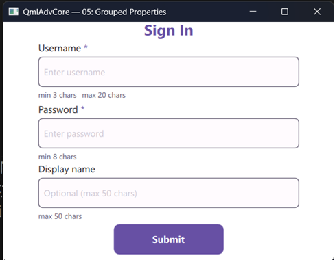 Validation rules rendered as live hints under each field