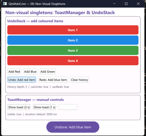 ToastManager and UndoStack wired together in one demo
