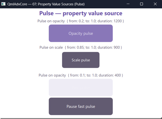Pulse animating opacity and scale with a pause and resume toggle