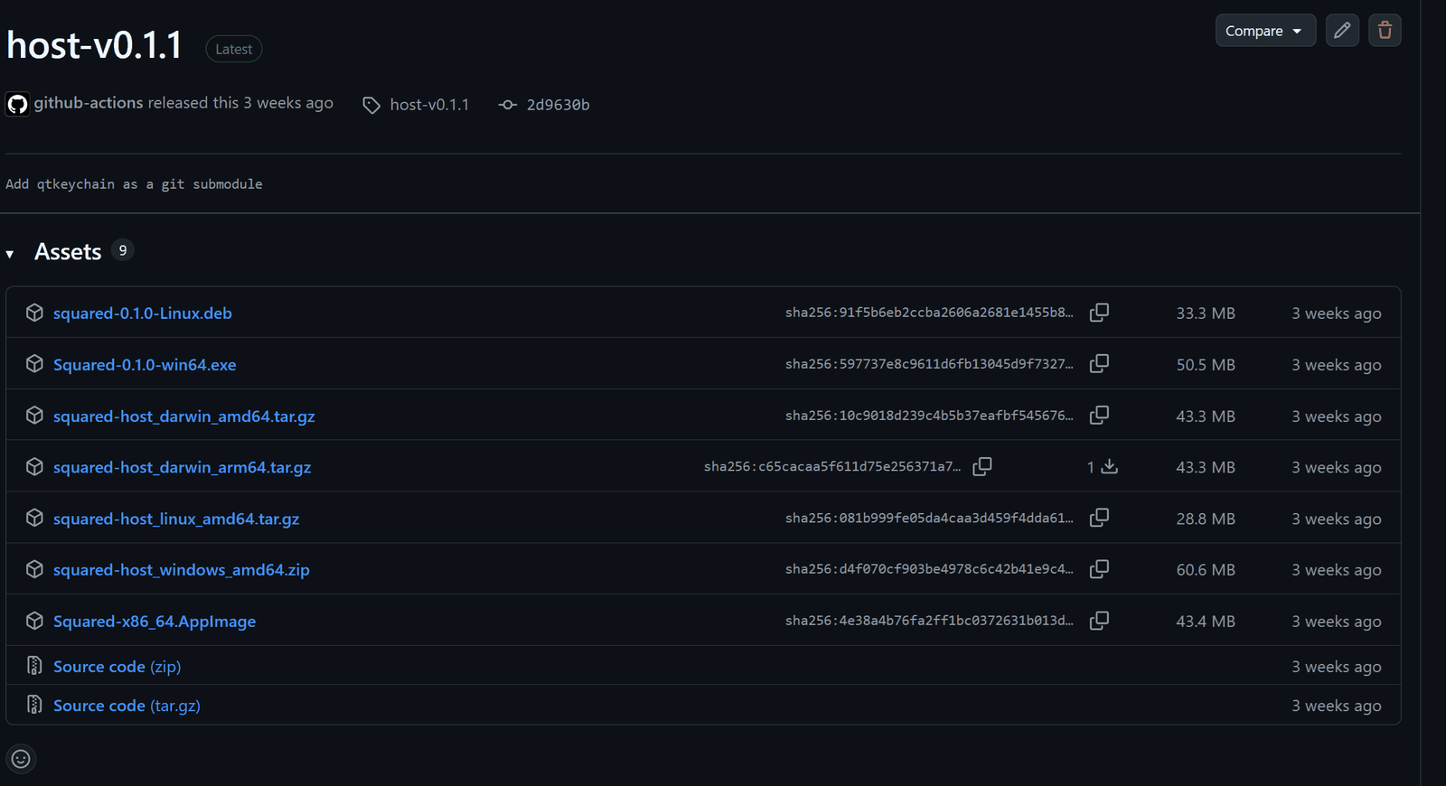 GitHub Release page with the seven downloadable build artifacts